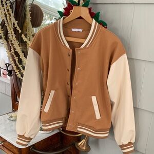 Iris Tan and Cream Faux Leather Varsity Jacket